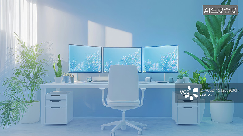【AI数字艺术】简约现代化办公桌与三联显示器图片素材