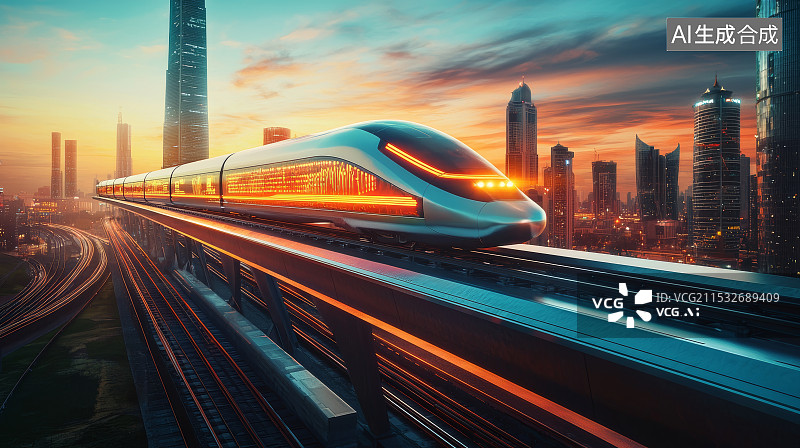 【AI数字艺术】城市未来高科技磁悬浮列车图片素材