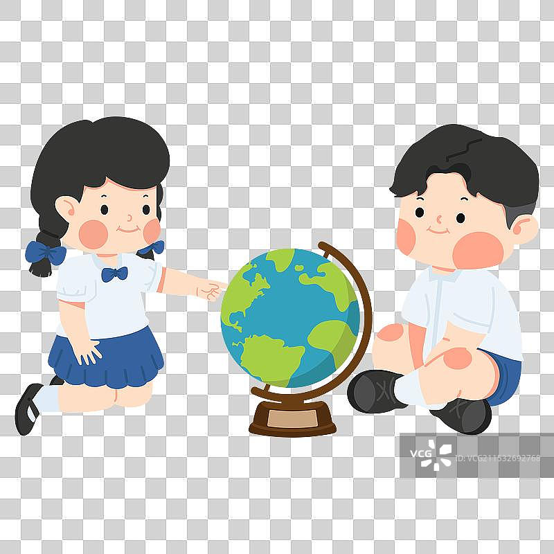 可爱的男孩和女孩在探索大型地球仪图片素材