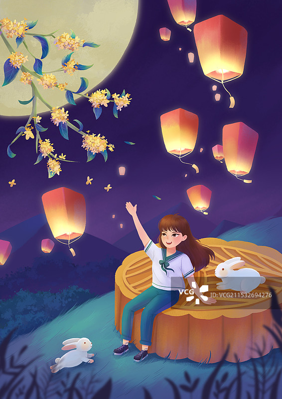 中秋节女孩和兔子赏月图片素材