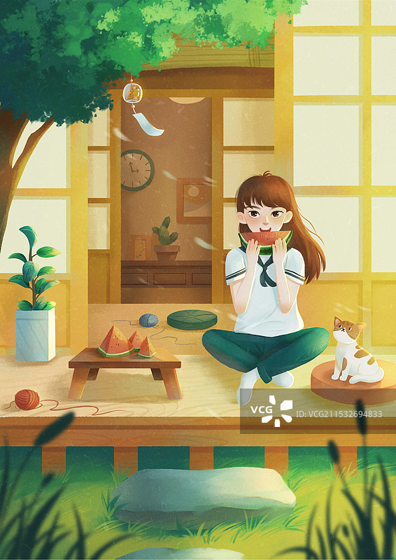 夏天吃西瓜的女孩图片素材