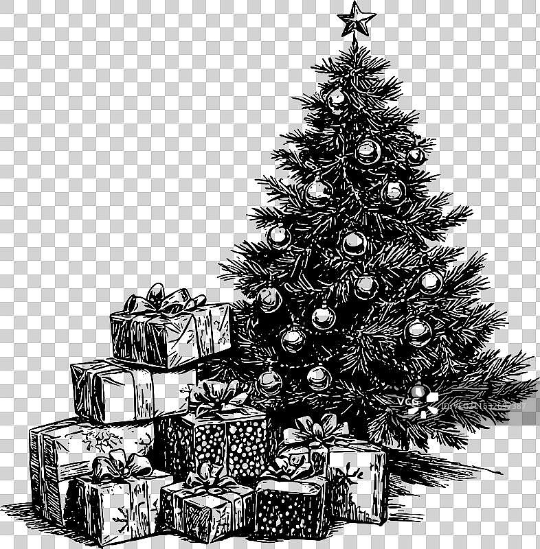 圣诞树与礼物的素描图片素材