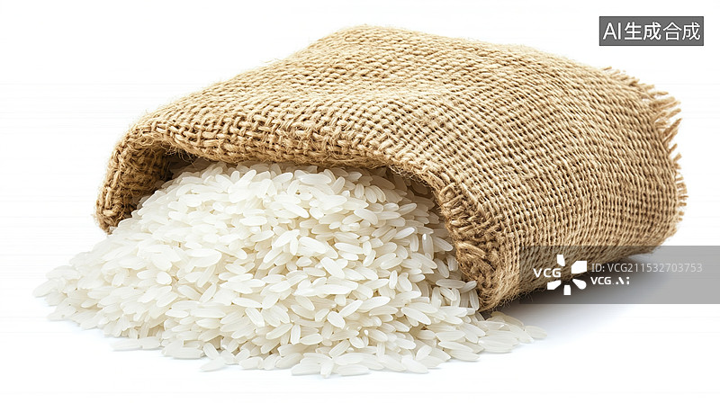 【AI数字艺术】未煮过的白大米木桌上的麻袋白色背景健康食品主食和健康生活方式素食主义、有机农产品、秋收和劳动图片素材
