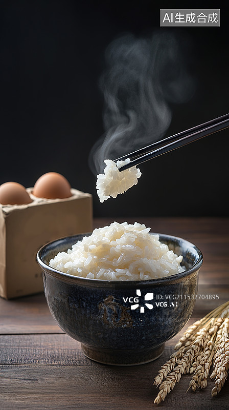 【AI数字艺术】桌上碗里的米饭特写水稻鸡蛋一双筷子夹起起热腾腾的米粒图片素材