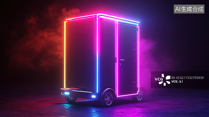 【AI数字艺术】赛博朋克风格发光未来科技移动厕所设备公共厕所黑色背景图片素材