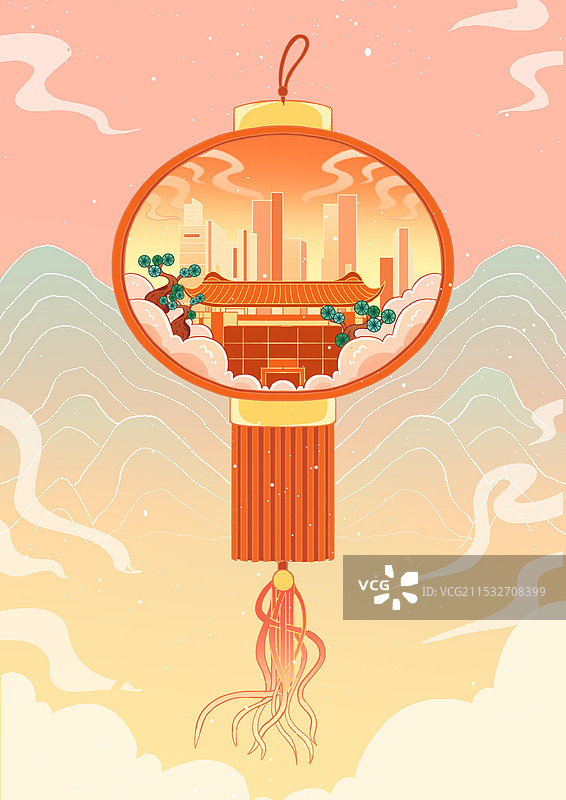 灯笼城市创意国潮风插画图片素材