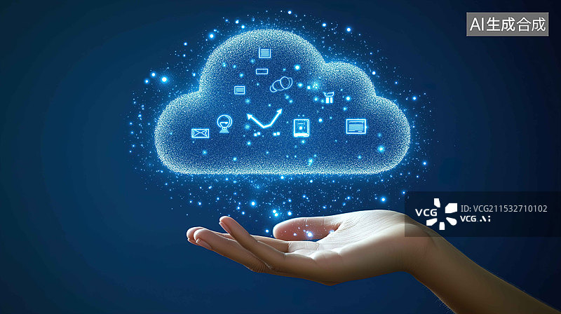 【AI数字艺术】一只手托着一朵由点点光芒组成的云图片素材