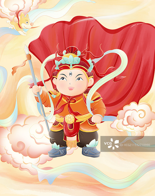 卡通手绘中国神话二郎神哮天犬插画图片素材