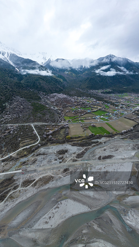 西藏林芝桃花节雪山下雅鲁藏布江风光航拍图片素材