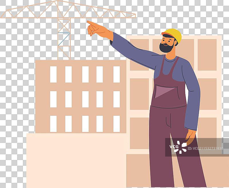 留胡子的工人指着建筑起重机图片素材