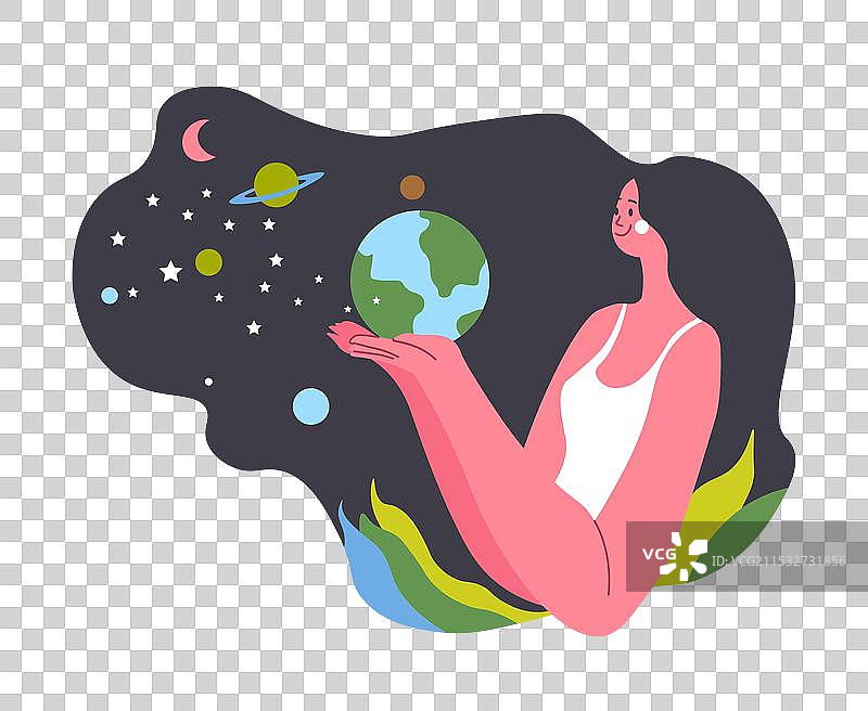 女人手握宇宙中的星球图片素材