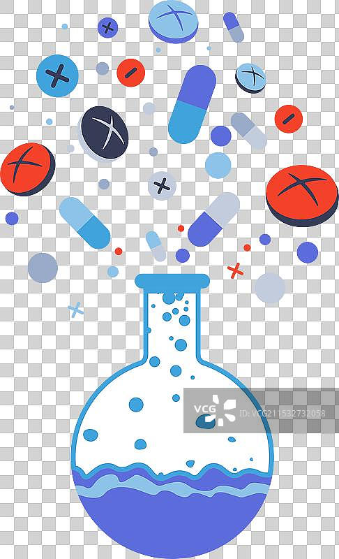 实验室烧瓶中漂浮着药丸图片素材