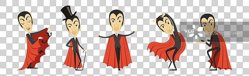 穿着红色的德古拉伯爵角色，带着獠牙图片素材