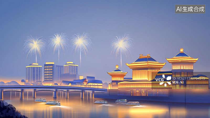 【AI数字艺术】节日烟花城市天际线，美丽的夜空盛世背景图片素材