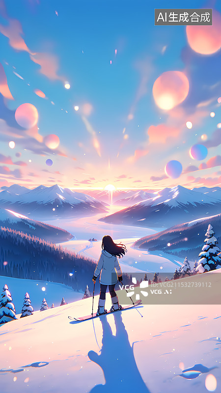 【AI数字艺术】冬天滑雪风景插画图片素材
