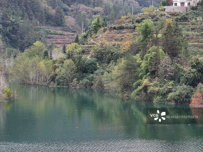 湖北恩施大峡谷清江画廊屯堡鸭松溪初冬水中森林图片素材