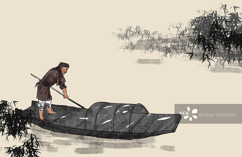 中国风新中式古风古典传统文化古装古人古代古时候打鱼渔民渔夫自然生态环境湖面湖上水墨风资讯插画图片素材