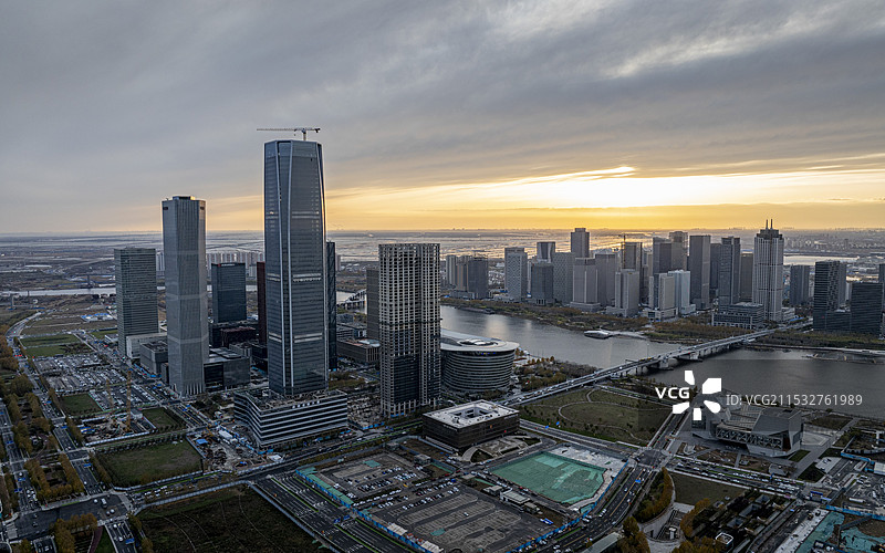 天津滨海新区于家堡傍晚航拍图片素材