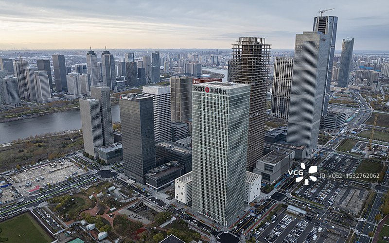 天津滨海新区于家堡傍晚航拍图片素材