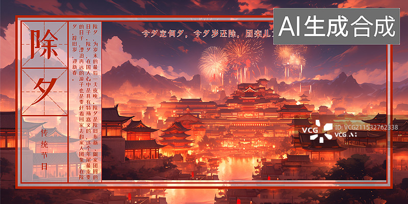 【AI数字艺术】除夕春节新年中国传统节日海报设计模板，大唐不夜城 中国风古风宫殿古建筑群 手绘插画场景图片素材