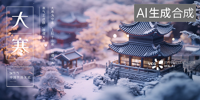 【AI数字艺术】大寒 冬季24节气设计模板海报，中国风古建筑 古典园林 亭台楼阁 微缩景观沙盘模型图片素材
