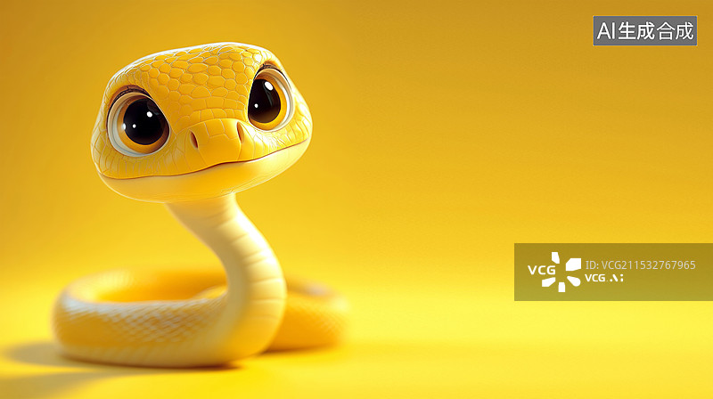 【AI数字艺术】3D蛇的卡通可爱蛇年生肖动物肖像国潮风时尚插画金黄色背景图片素材