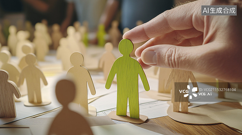 【AI数字艺术】人力资源服务，一只手正在从多个木制人形模型中挑选一个合适的，背景简洁，团队建设决策图片素材