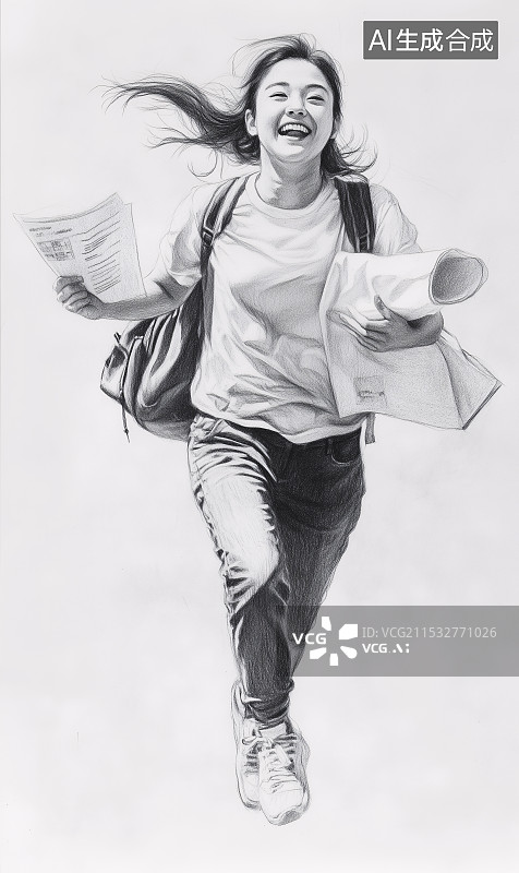 【AI数字艺术】奔跑的女学生速写图片素材