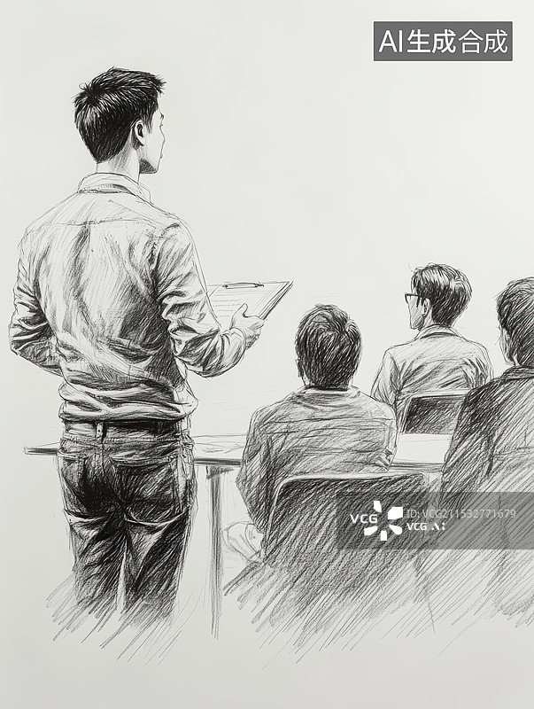 【AI数字艺术】手绘线稿素描速写青年人在做商务汇报图片素材