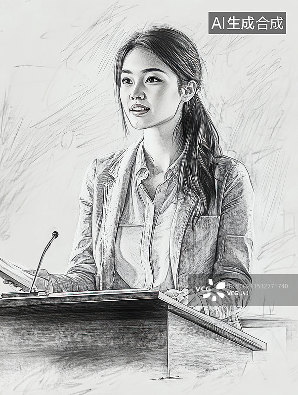 【AI数字艺术】手绘线稿素描速写青年人在做商务汇报图片素材