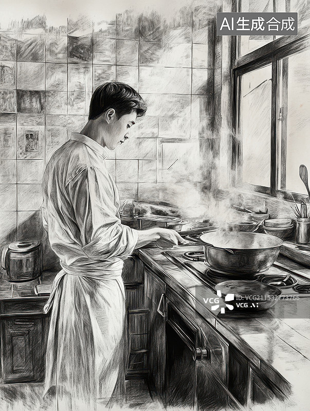 【AI数字艺术】手绘线稿素描速写青年厨师在做饭图片素材