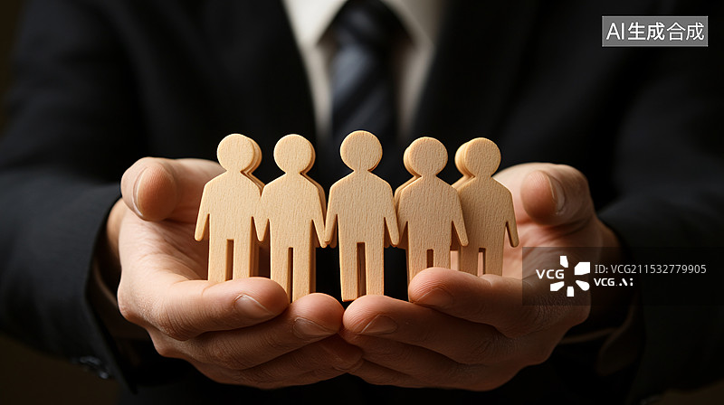 【AI数字艺术】人力资源服务，双手合十托起一排站立的木制人，寓意团队协作、尊重包容，强调个体在团队中的价值和共同目标图片素材