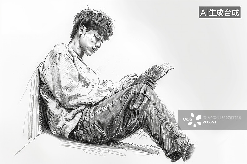 【AI数字艺术】青年男人坐着看书素描风格图片素材
