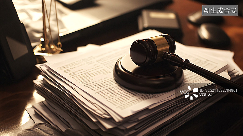 【AI数字艺术】劳务纠纷，法律工作环境，有法官木槌、法律文件、眼镜和笔记本电脑，背景温暖，整体氛围正式而严肃图片素材