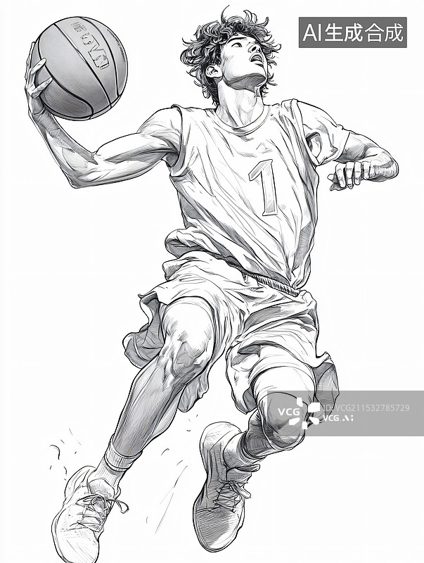 【AI数字艺术】素描风格一个男青年打篮球，面充满了运动的力量感和速度感图片素材