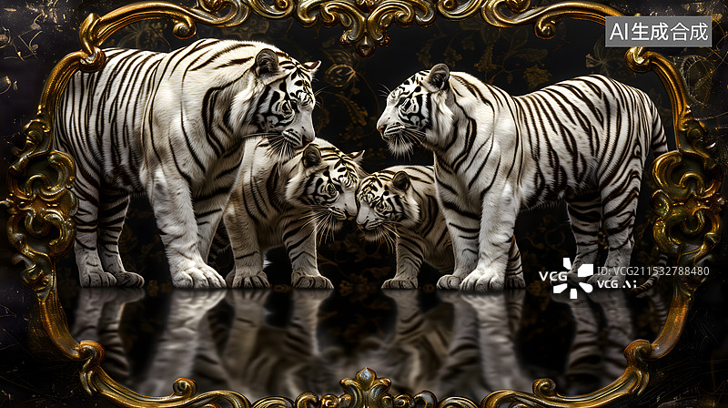 【AI数字艺术】3D渲染一对白色老虎家族装饰画 横版图片素材