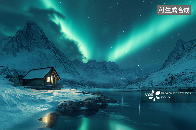 【AI数字艺术】极光下白雪皑皑的群山与小屋图片素材