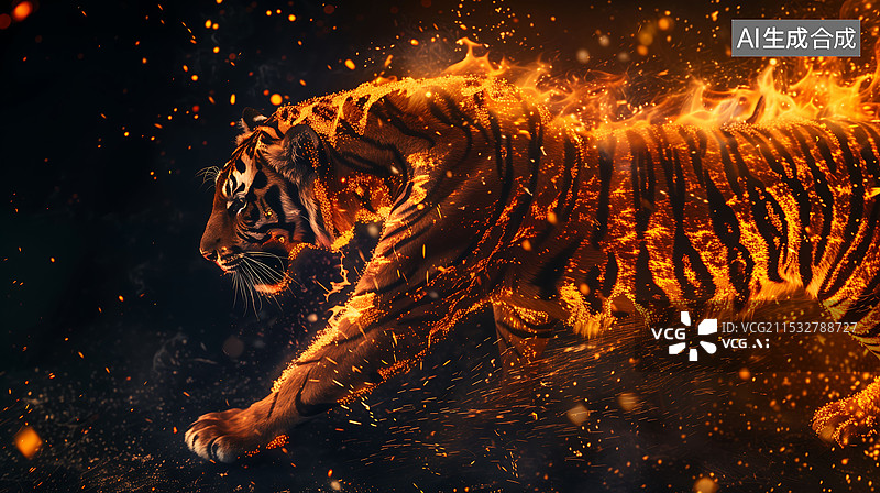 【AI数字艺术】3D渲染威风的火焰老虎 横板图片素材