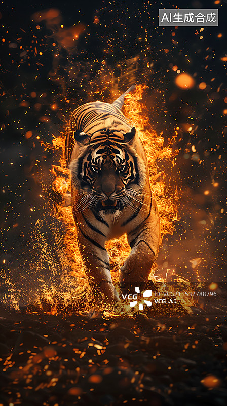 【AI数字艺术】3D渲染威风的火焰老虎 竖版图片素材