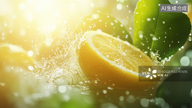 【AI数字艺术】柠檬酸橙切片和水碰撞 水花飞溅图片素材