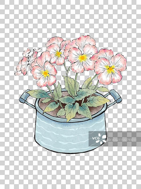 水彩国风手绘四季花卉花朵花簇园艺盆栽花盆花艺元素，三色堇。图片素材