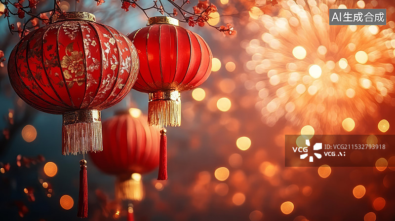 【AI数字艺术】中国传统节日红色灯笼和烟花绽放喜庆氛围背景图片素材