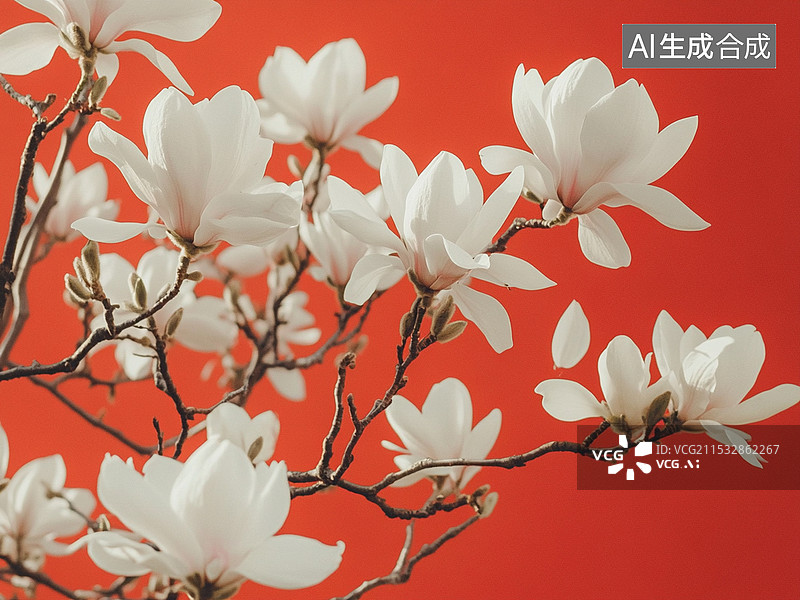 【AI数字艺术】春天春分节气红墙玉兰花盛开插画图片素材
