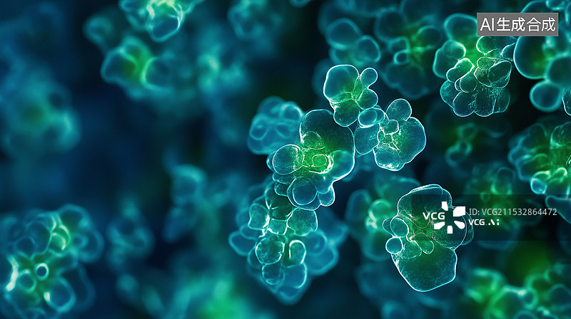 【AI数字艺术】光滑深色环境中的肠道细菌菌落3D微观视图，展示微生物多样性和生物复杂性图片素材