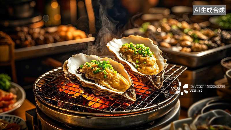 【AI数字艺术】夜晚大排档烧烤摊烤生蚝美食图片素材