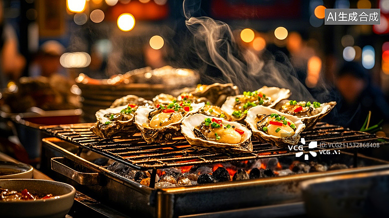【AI数字艺术】夜晚大排档烧烤摊烤生蚝美食图片素材