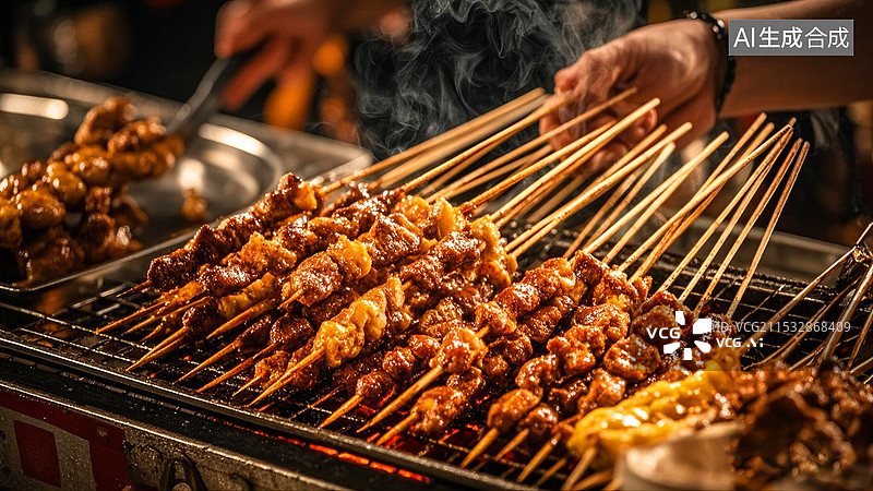 【AI数字艺术】夜晚大排档烧烤摊烧烤羊肉串美食图片素材