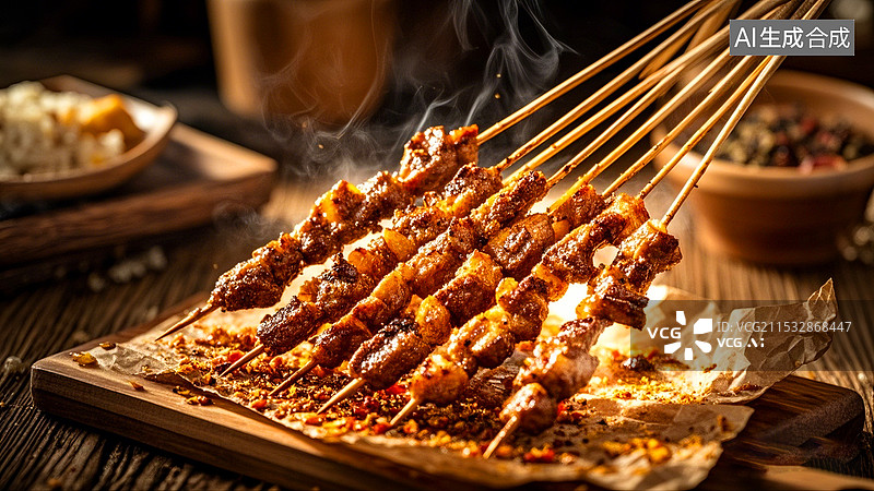 【AI数字艺术】夜晚大排档烧烤摊烧烤羊肉串美食图片素材