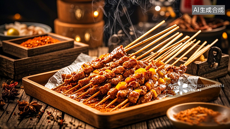 【AI数字艺术】夜晚大排档烧烤摊烧烤羊肉串美食图片素材