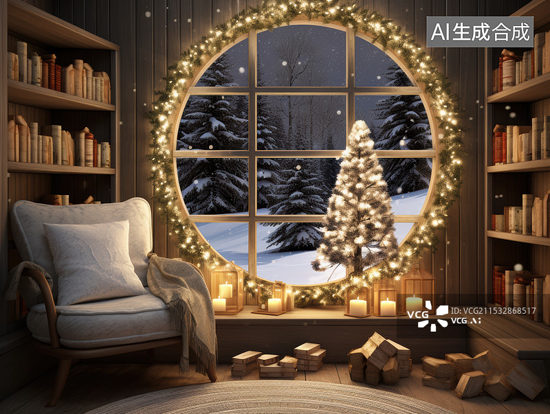 【AI数字艺术】冬夜小屋的圣诞氛围，温馨圣诞夜的窗边静谧图片素材